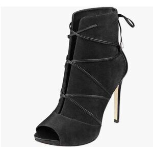 YDN Black Peep Toe Faux Suede Platform High Heels Lace Up Cutout Ankle Booties